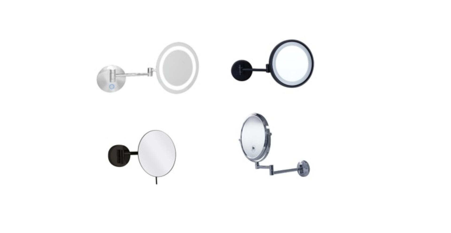 Vier an der Wand montierte runde Kosmetikspiegel mit ausziehbaren Armen werden vor einem weißen Hintergrund präsentiert. Jeder Spiegel hat eine andere Rahmenfarbe: Silber, Schwarz, Weiß und Chrom.