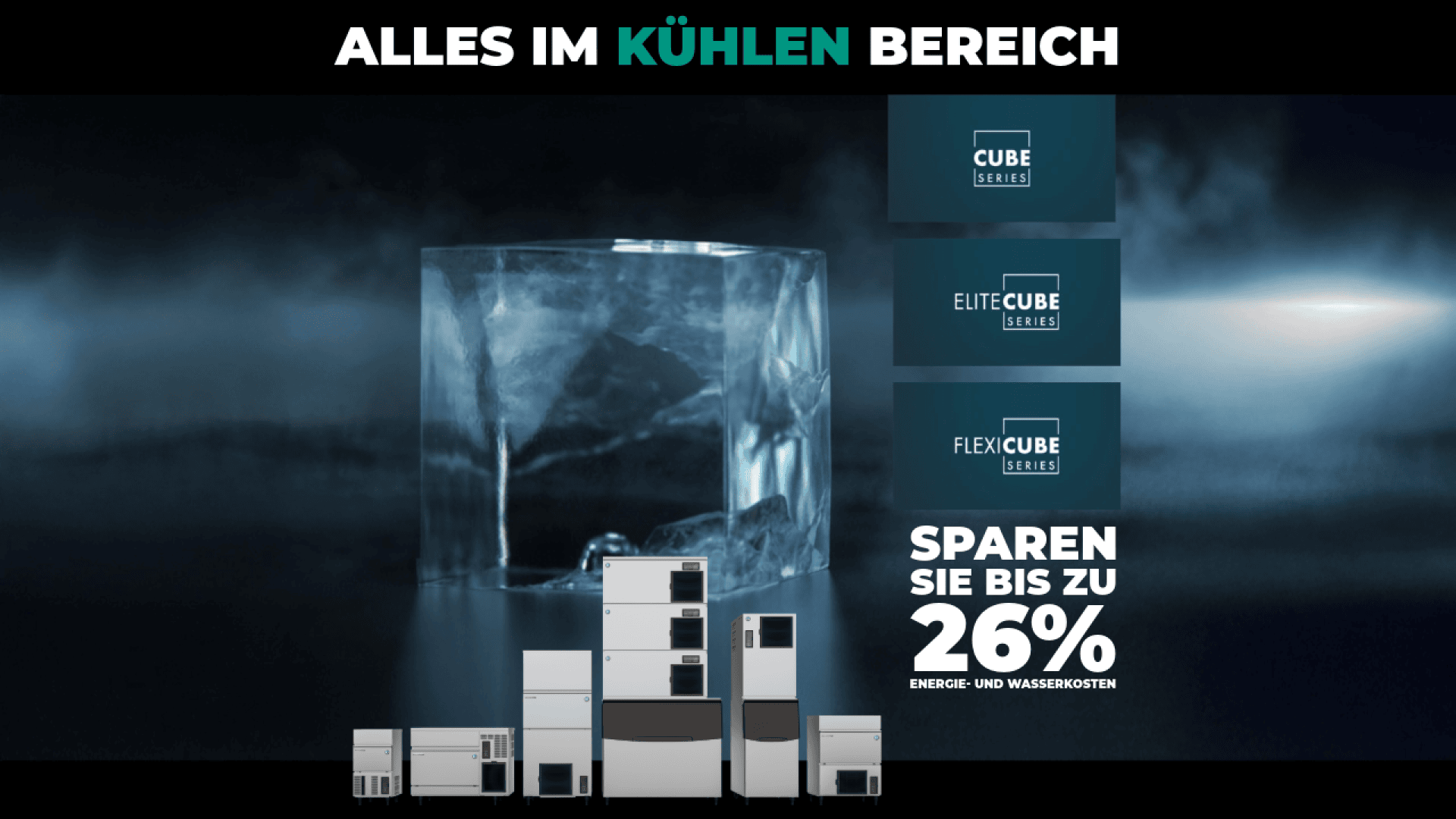 Großer Eiswürfel in der Mitte, darunter verschiedene Kühlgeräte. Der Text darüber lautet „ALLES IM KÜHLEN BEREICH“. Die Seitenteile zeigen die Produktserien: Cube, EliteCube und FlexCube. Der Text hebt Energieeinsparungen von bis zu 26 % hervor.