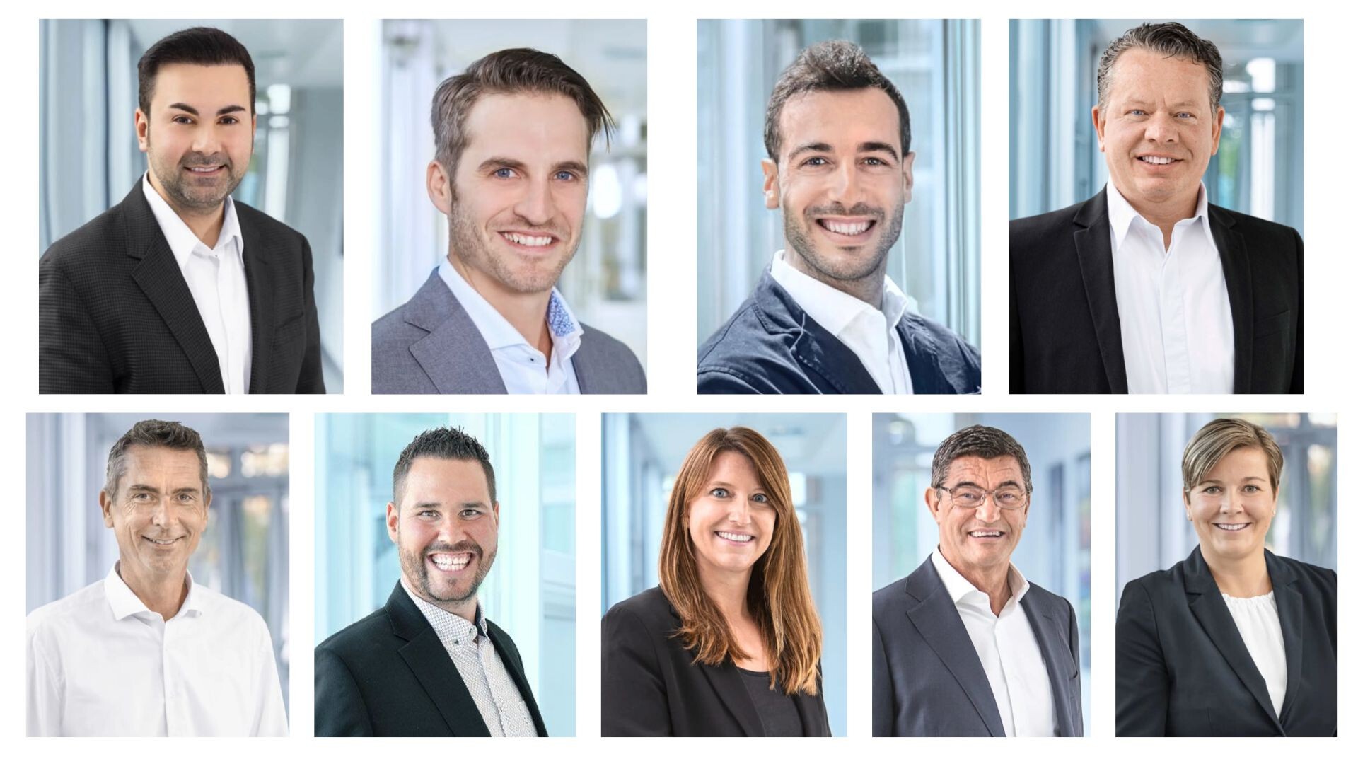 Eine Collage aus zehn professionell gekleideten Personen, fünf Männern in der oberen Reihe und drei Männern und zwei Frauen in der unteren Reihe, alle lächeln und posieren für Porträtfotos in einem hellen, modernen Büroumfeld.