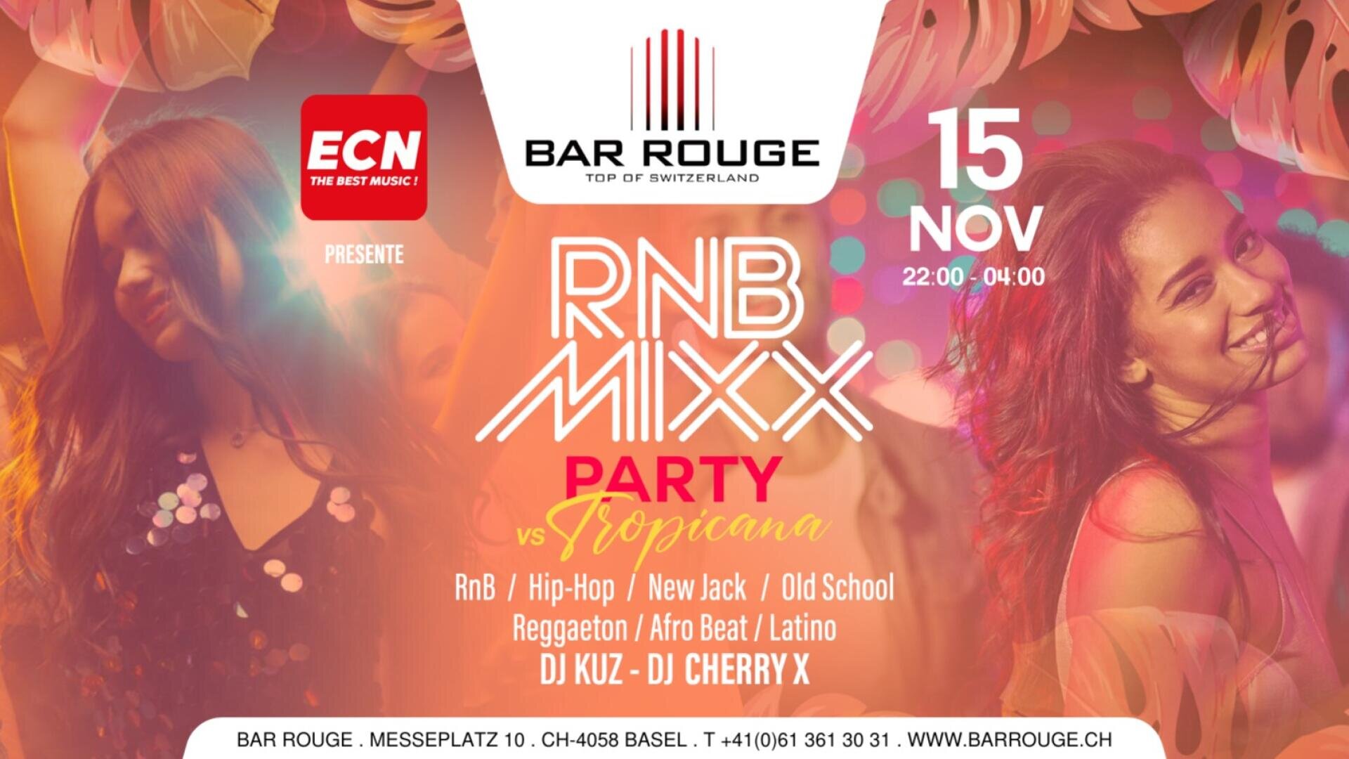 Flyer coloré pour la RNB MIXX Party au Bar Rouge, Bâle, le 15 novembre de 22:00 à 04:00. Deux femmes souriantes dansent, les détails de l'événement, les genres musicaux et les DJ sont listés, avec des lumières vibrantes en arrière-plan.