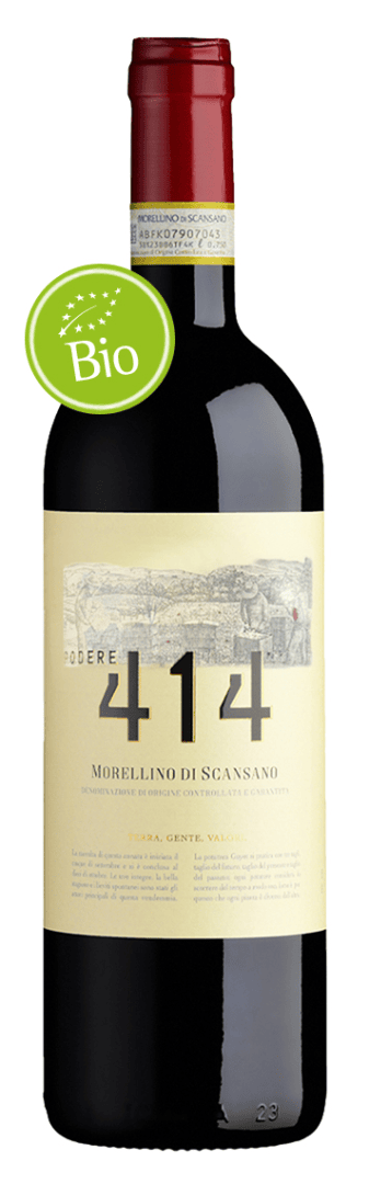 Une bouteille de vin rouge étiquetée « Morellino di Scansano 414 » avec une étiquette de couleur crème et un autocollant biologique rond vert près du haut de la bouteille, indiquant la certification biologique.