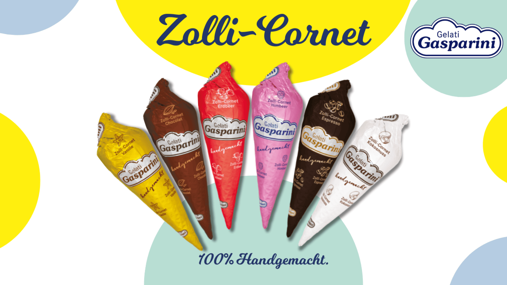 Six cornets à glace colorés de Gelati Gasparini Zolli-Cornet se tiennent debout sur un fond ludique de cercles sur lesquels apparaissent le logo de la marque et le texte 100% fait main.