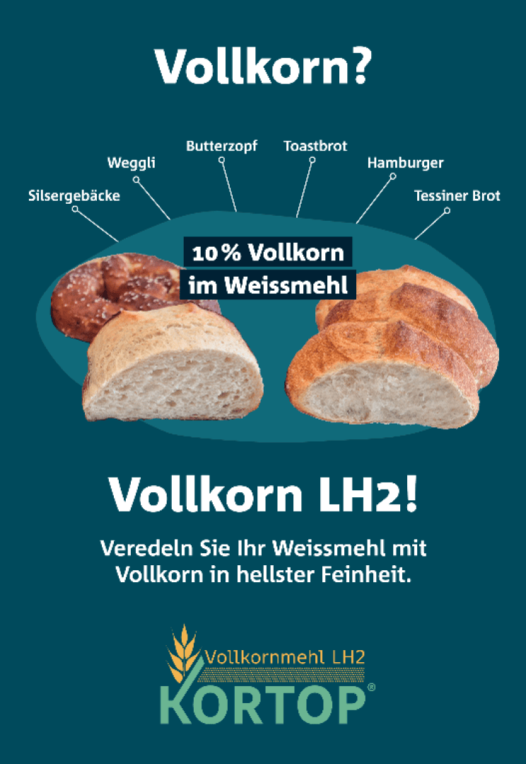 Eine Grafik zeigt verschiedene Brotsorten, auf die ein Etikett mit 10% Vollkorn im Weissmehl hinweist. Darunter wirbt ein Text für Vollkorn LH2 als eine Möglichkeit, Weizenmehl mit Vollkorn in leichter Feinheit zu verfeinern.