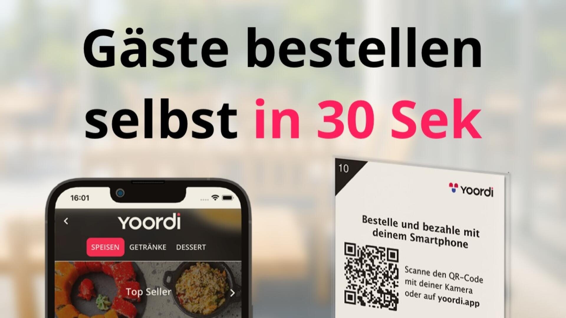 Un téléphone affiche le menu de l'application yoordi, tandis qu'un panneau de table contient un code QR et un texte qui indique aux clients de commander et de payer avec leur smartphone. Le texte principal est le suivant : les clients commandent eux-mêmes en 30 secondes.