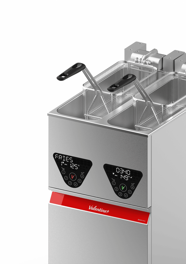 Eine gewerbliche Friteuse mit zwei Metallkörben im Inneren, digitalen Bedienfeldern, die Temperatur- und Zeiteinstellungen anzeigen, und dem Markennamen Valentine auf einem roten Etikett an der Vorderseite.