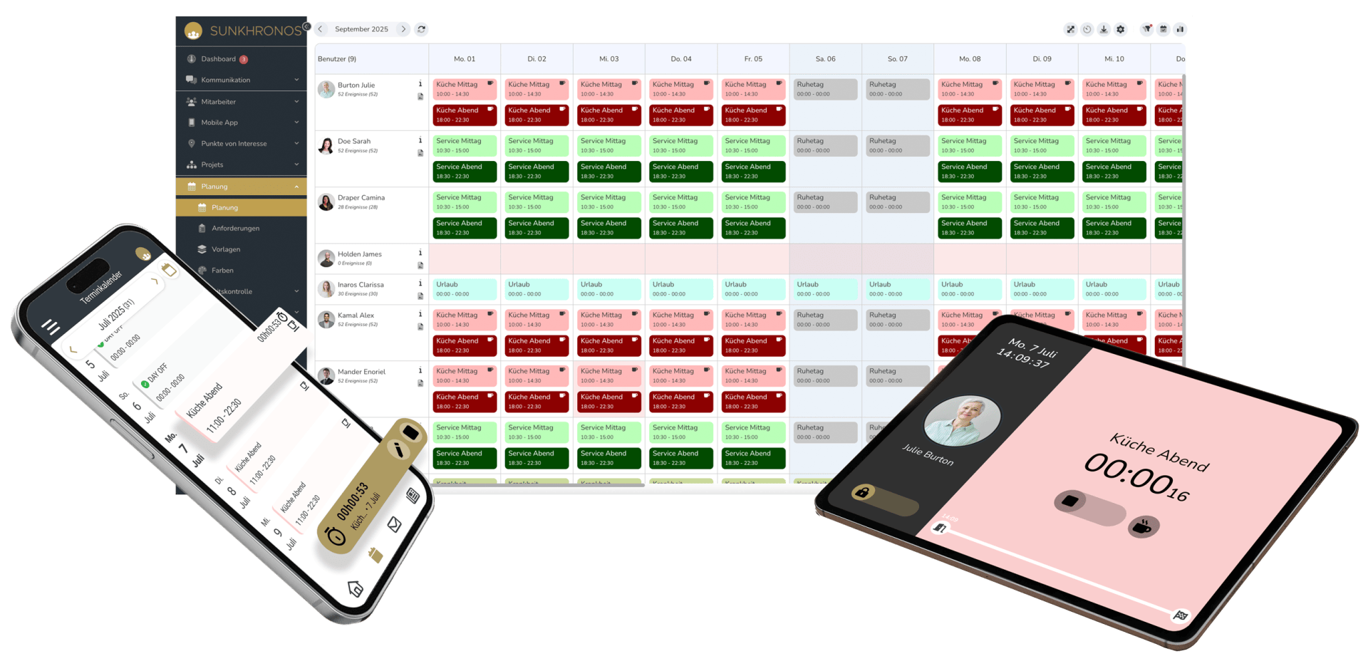 Eine Desktop-Kalender-App zeigt einen detaillierten Personalplan an. Ein Smartphone und ein Tablet zeigen verwandte Apps an, wobei das Telefon eine Aufgabenliste und das Tablet einen Timer für Küche Abend und ein Profilbild anzeigt.
