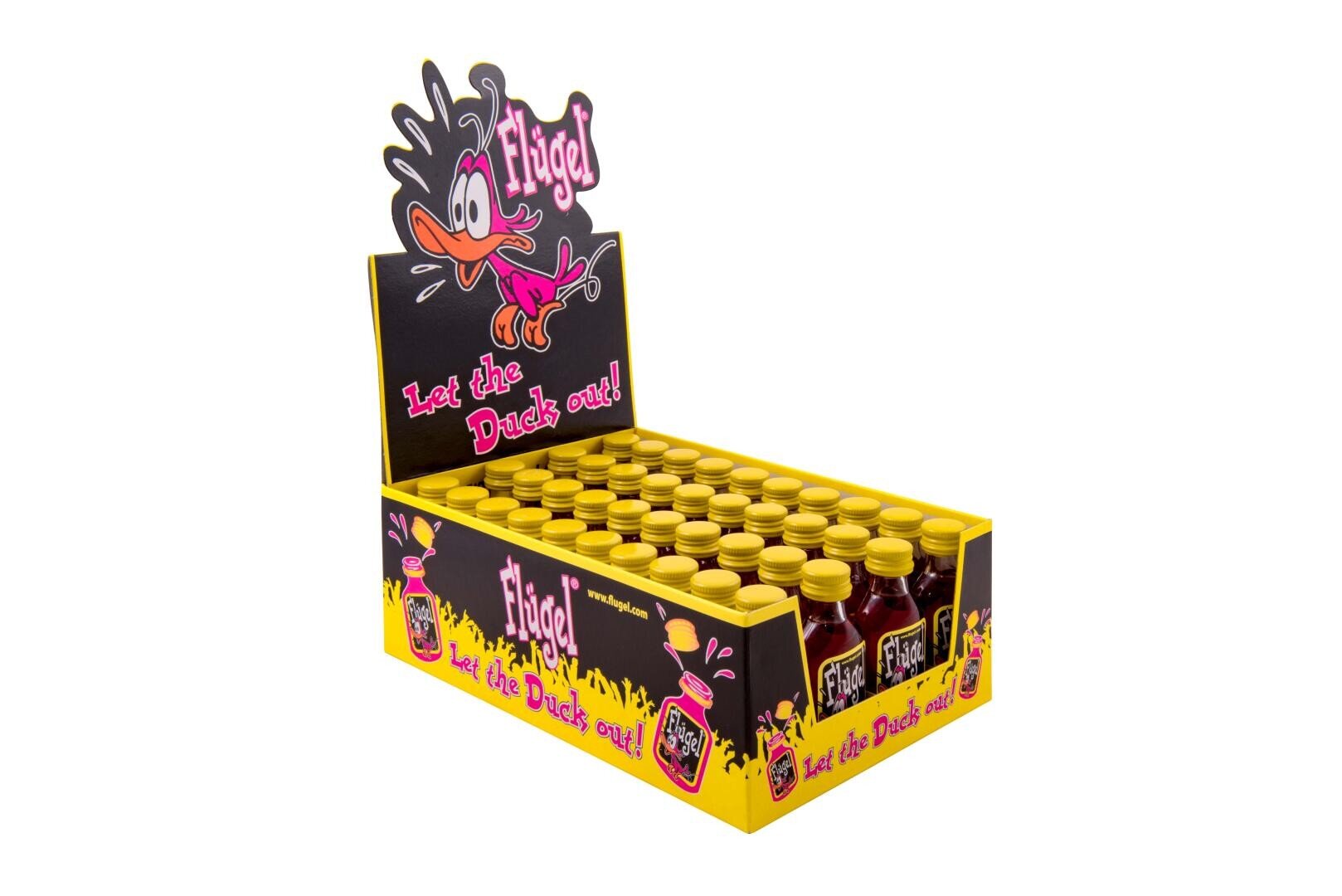 Ein Flügel-Getränkedisplay mit gelben Verschlüssen und einer bunten Entenmarke. Die Box trägt die Aufschrift "Let the Duck out!" und enthält mehrere kleine Flaschen, die in Reihen angeordnet sind.