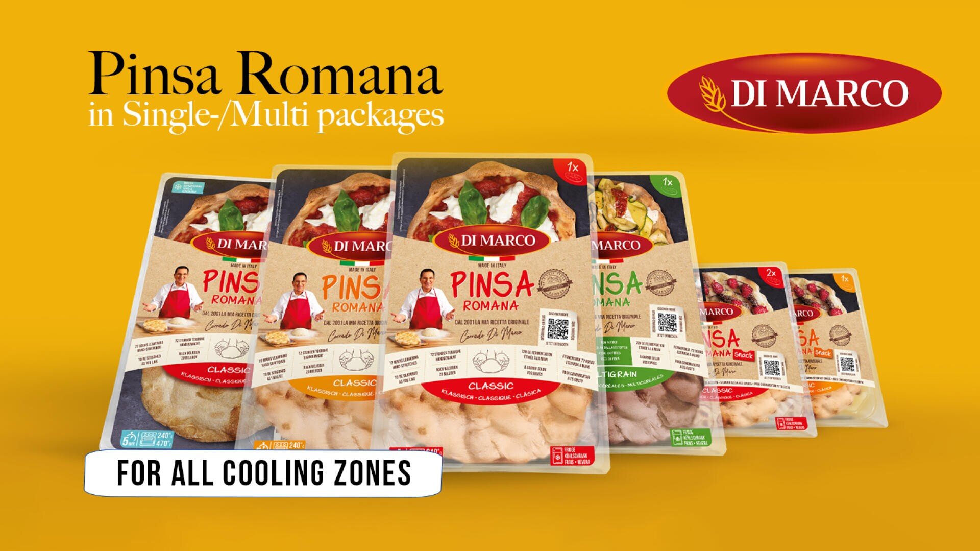 Fünf Verpackungen von Di Marco Pinsa Romana sind auf gelbem Hintergrund abgebildet und zeigen verschiedene Geschmacksrichtungen und Größen. Der Text wirbt für Einzel-/Mehrfachpackungen und die Eignung für alle Kühlzonen.