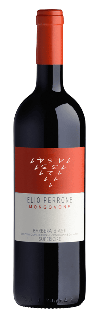 Eine Flasche Rotwein Elio Perrone Mongovone Barbera dAsti Superiore mit rotem Verschluss und weiß-rotem Etikett mit modernen, abstrakten Grafiken und Text.