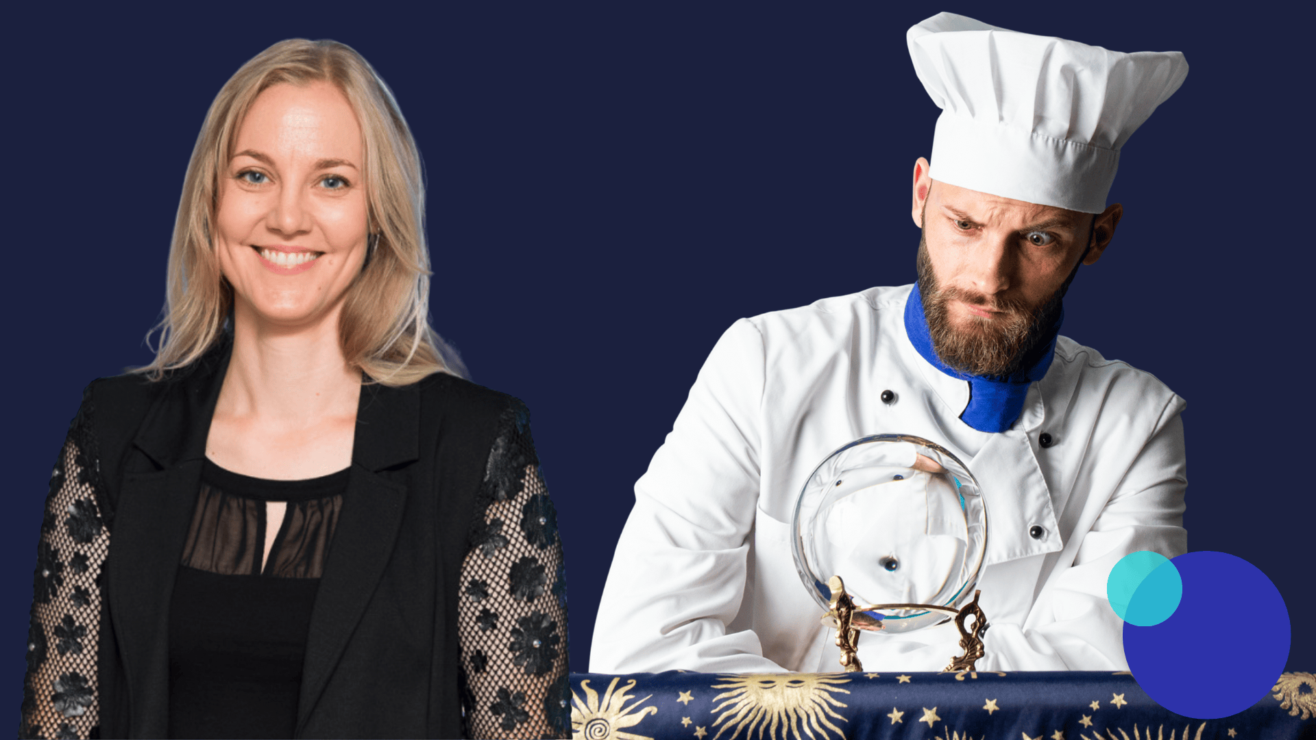 Une femme souriante en tenue de travail se tient à côté d'un cuisinier en uniforme et regarde gravement une boule de cristal sur une table étoilée avec des cercles bleus abstraits dans le coin inférieur droit.