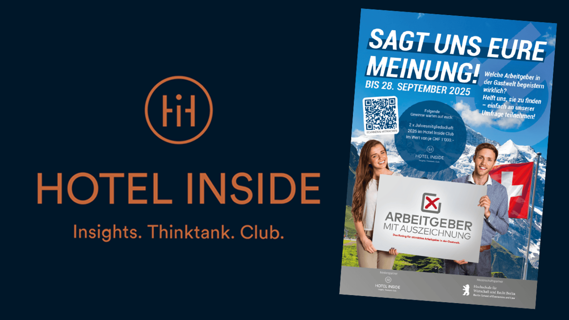 Auf der linken Seite das Logo und der Name HOTEL INSIDE mit dem Slogan Insights. Thinktank. Club. Rechts ein deutschsprachiger Flyer mit einem lächelnden Mann, der ein Schild hält, auf dem um Feedback zu Arbeitgebern in der Hotellerie gebeten wird.