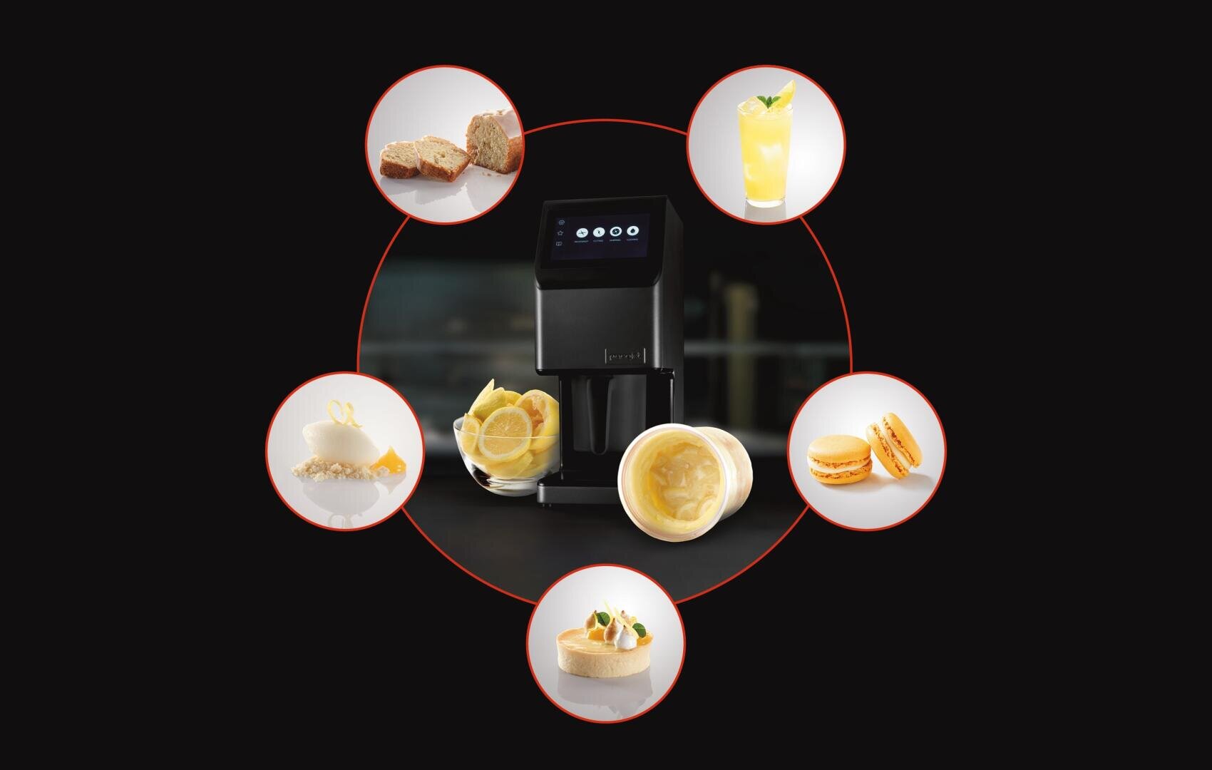Ein schwarzes Arbeitsplattengerät mit Touchscreen ist von Bildern verschiedener Speisen und Getränke umgeben: Brot, ein Zitronengetränk, Macarons, Törtchen, ein Dessert mit Sahne und eine Schale Zitronengelato.