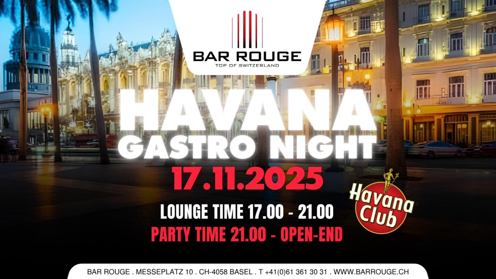 Veranstaltungsplakat für die Havana Gastro Night in der Bar Rouge am 17.11.2025, mit Lounge-Zeit von 17:00-21:00 Uhr und Party-Zeit ab 21:00 Uhr. Der Hintergrund zeigt Gebäude der Stadt bei Nacht mit dem Havana Club-Logo.