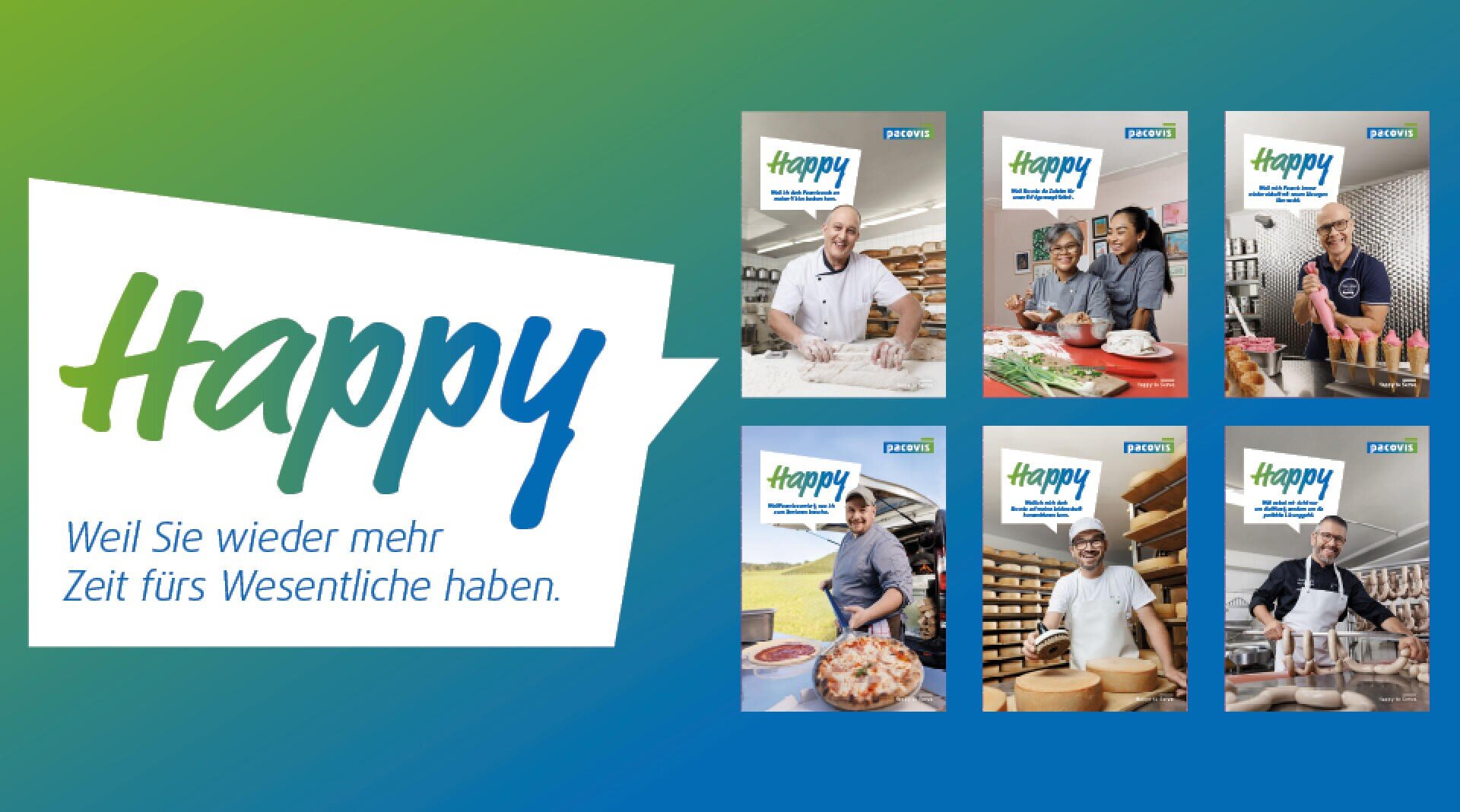 Sechs Fotos von lächelnden Arbeitern in verschiedenen Berufen, mit dem Text Happy in großen Buchstaben und Weil Sie wieder mehr Zeit fürs Wesentliche haben auf einem Hintergrund mit blau-grünem Farbverlauf.