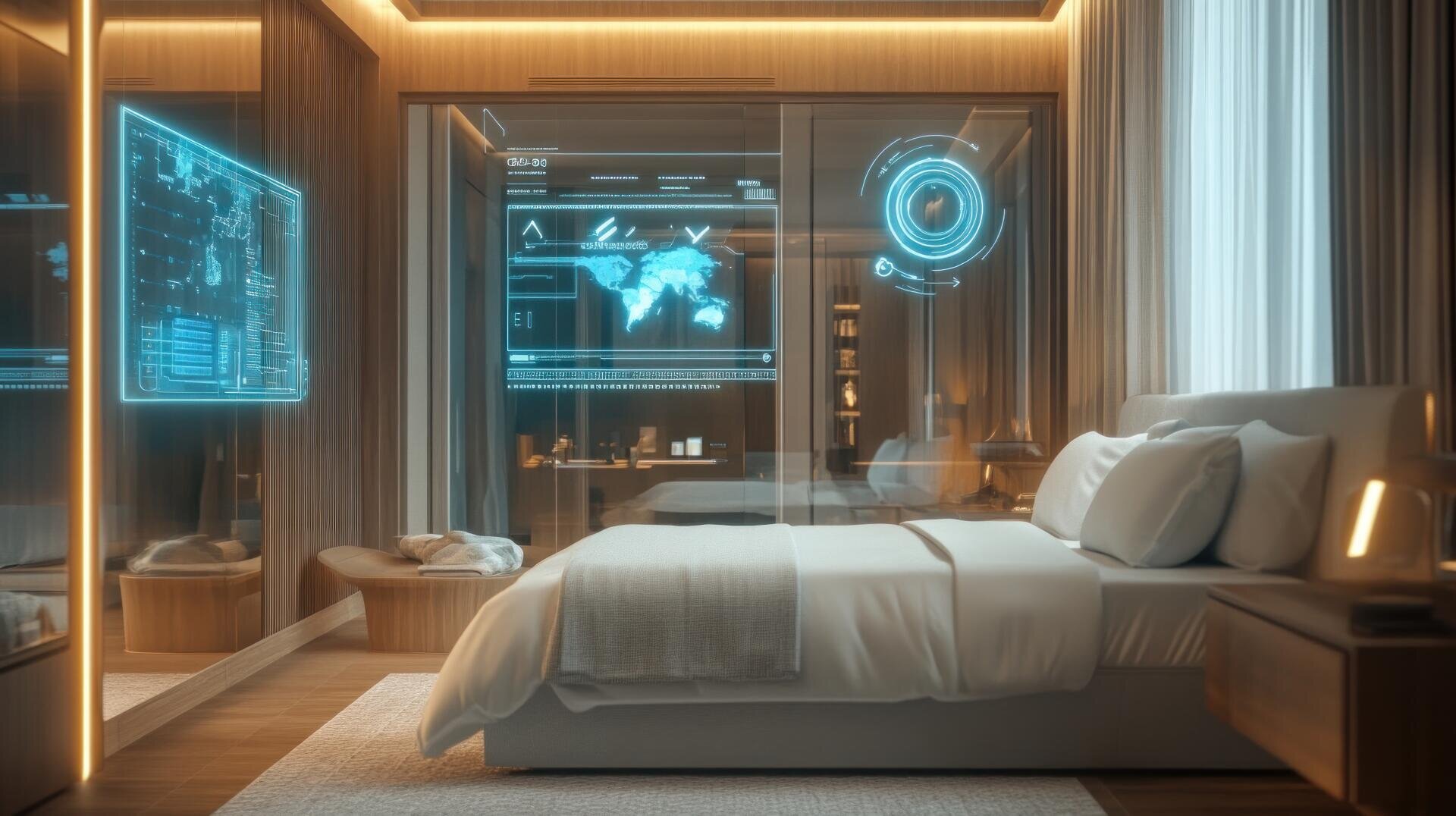 Ein modernes Schlafzimmer mit warmer Beleuchtung verfügt über ein großes Bett, Holzmöbel und raumhohe Fenster mit futuristischen, holografischen Digitalbildschirmen mit Karten und Daten.