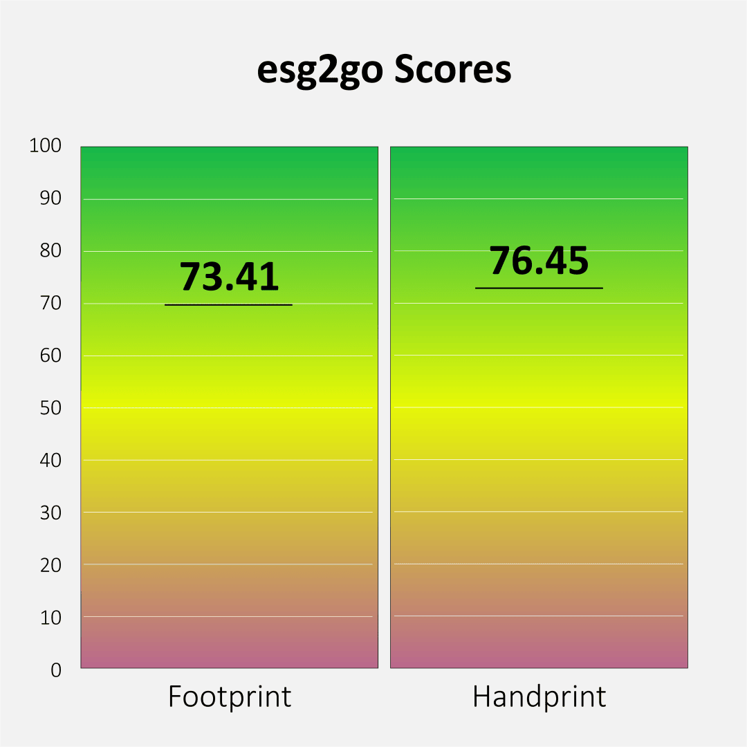 Diagramme à barres intitulé esg2go Scores avec deux barres verticales : l'empreinte du pied sur la gauche indique un score de 73,41 et l'empreinte de la main sur la droite indique un score de 76,45. Les couleurs de fond vont du vert au rouge.