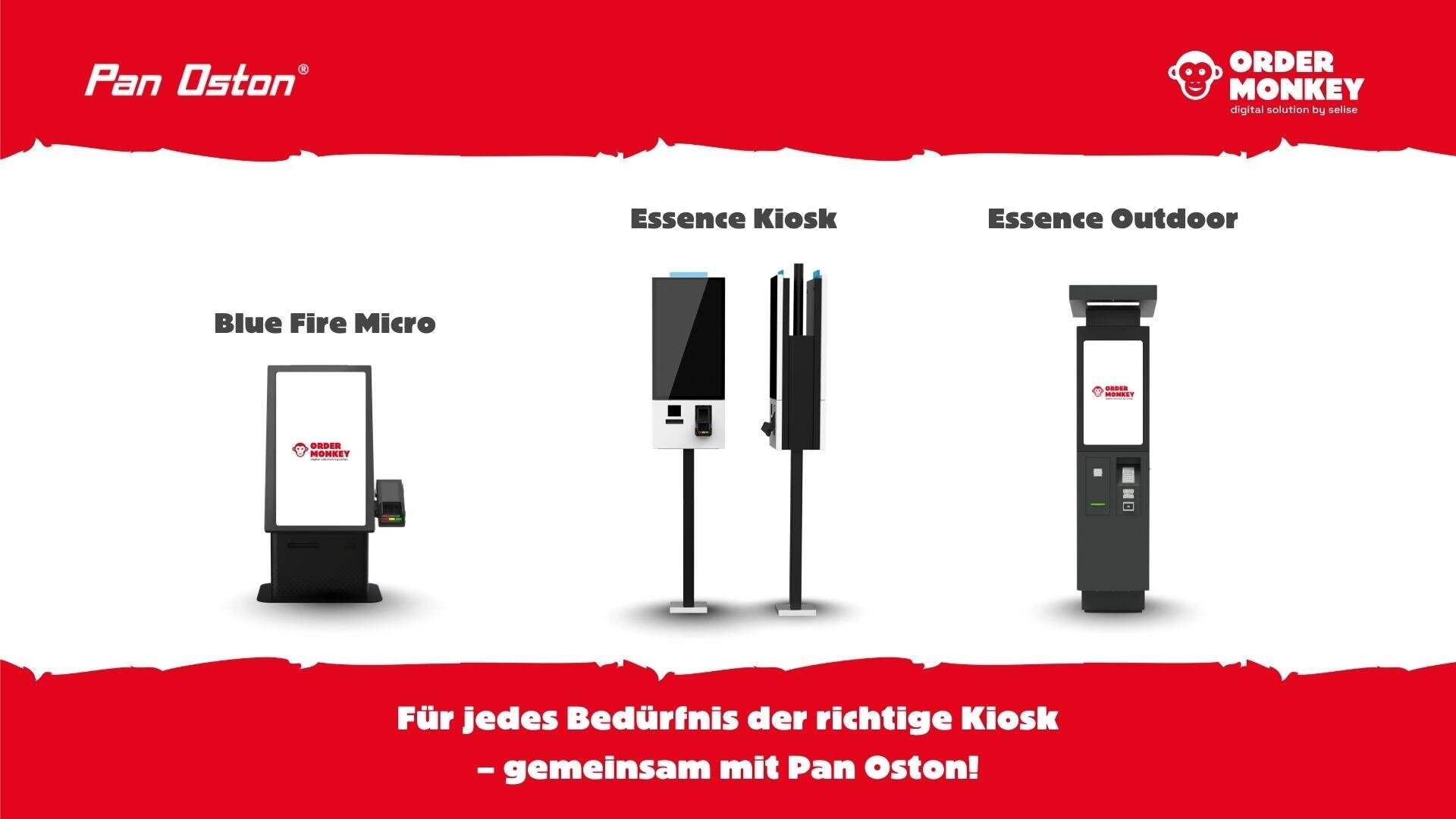 Drei verschiedene Selbstbedienungs-Kiosk-Modelle - Blue Fire Miero, Essence Kiosk und Essence Outdoor - werden vor einem rot-weißen Hintergrund mit den Logos von Pan Oston und Order Monkey und einem deutschen Slogan darunter dargestellt.