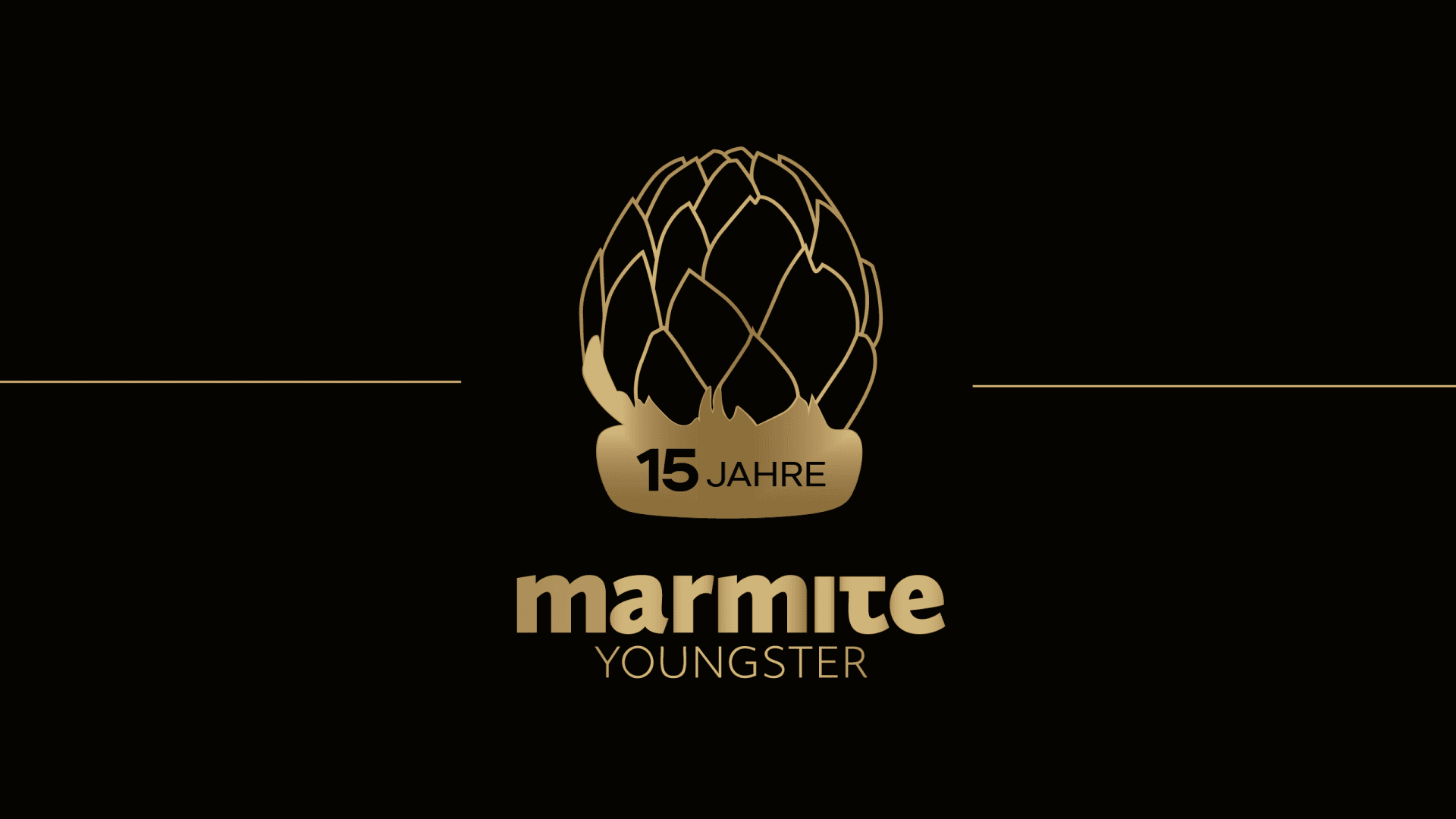Goldene Artischockengrafik über den Worten "15 Jahre marmite YOUNGSTER" auf schwarzem Hintergrund, die das 15-jährige Jubiläum der Veranstaltung oder des Marmite Youngster Awards feiert.