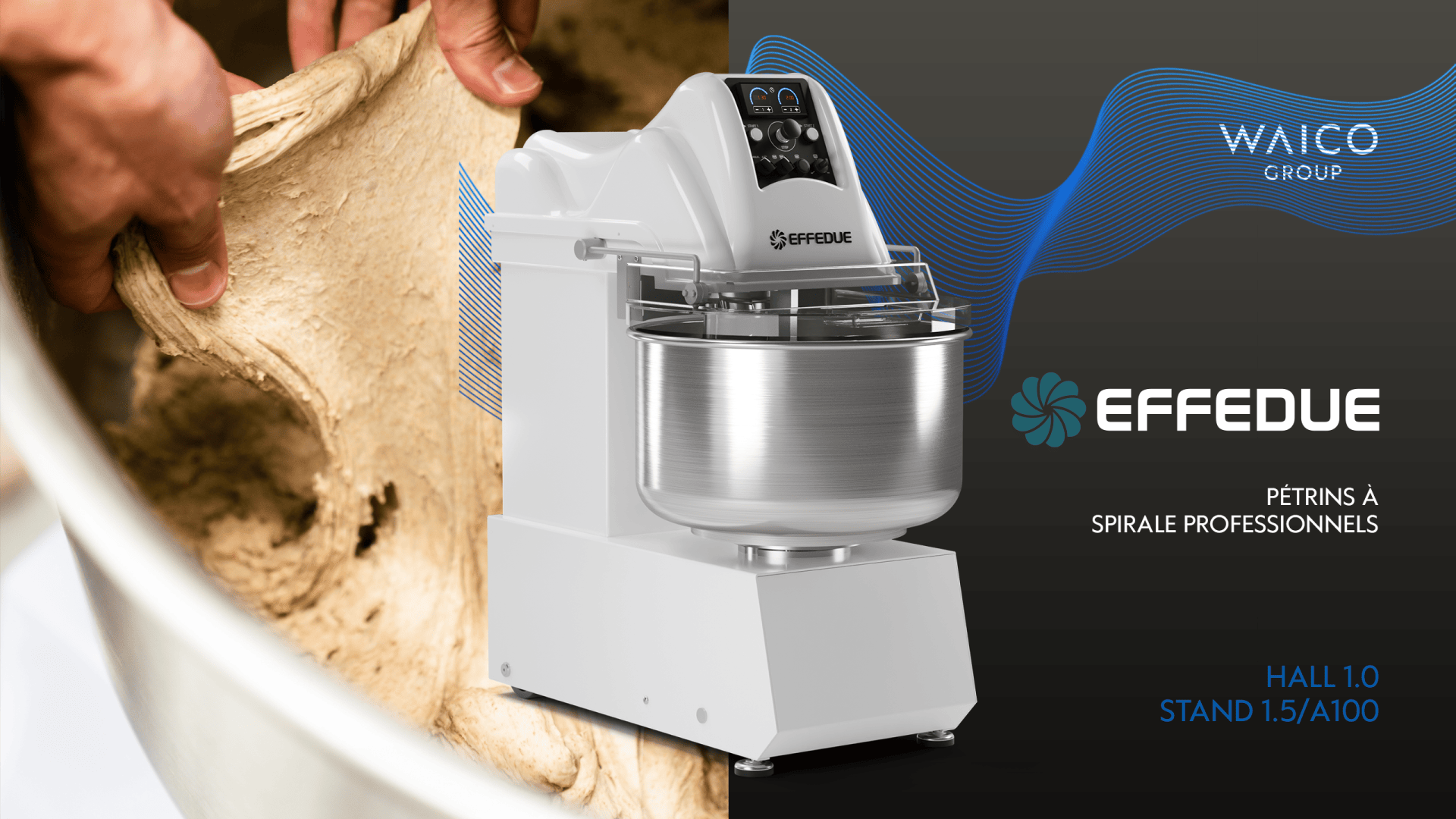 Le logo du groupe WAICO et les détails de l'événement sont représentés sur un fond sombre avec des accents de vagues bleues.