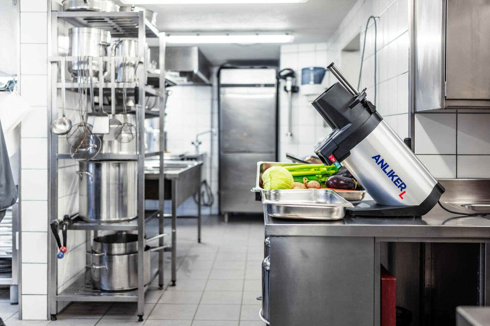 Une grande cuisine avec des appareils en acier inoxydable et un robot de cuisine ANLIKER sur un comptoir à côté de différents légumes frais, dont des choux et des aubergines. En arrière-plan, on peut voir des casseroles, des étagères et un évier.