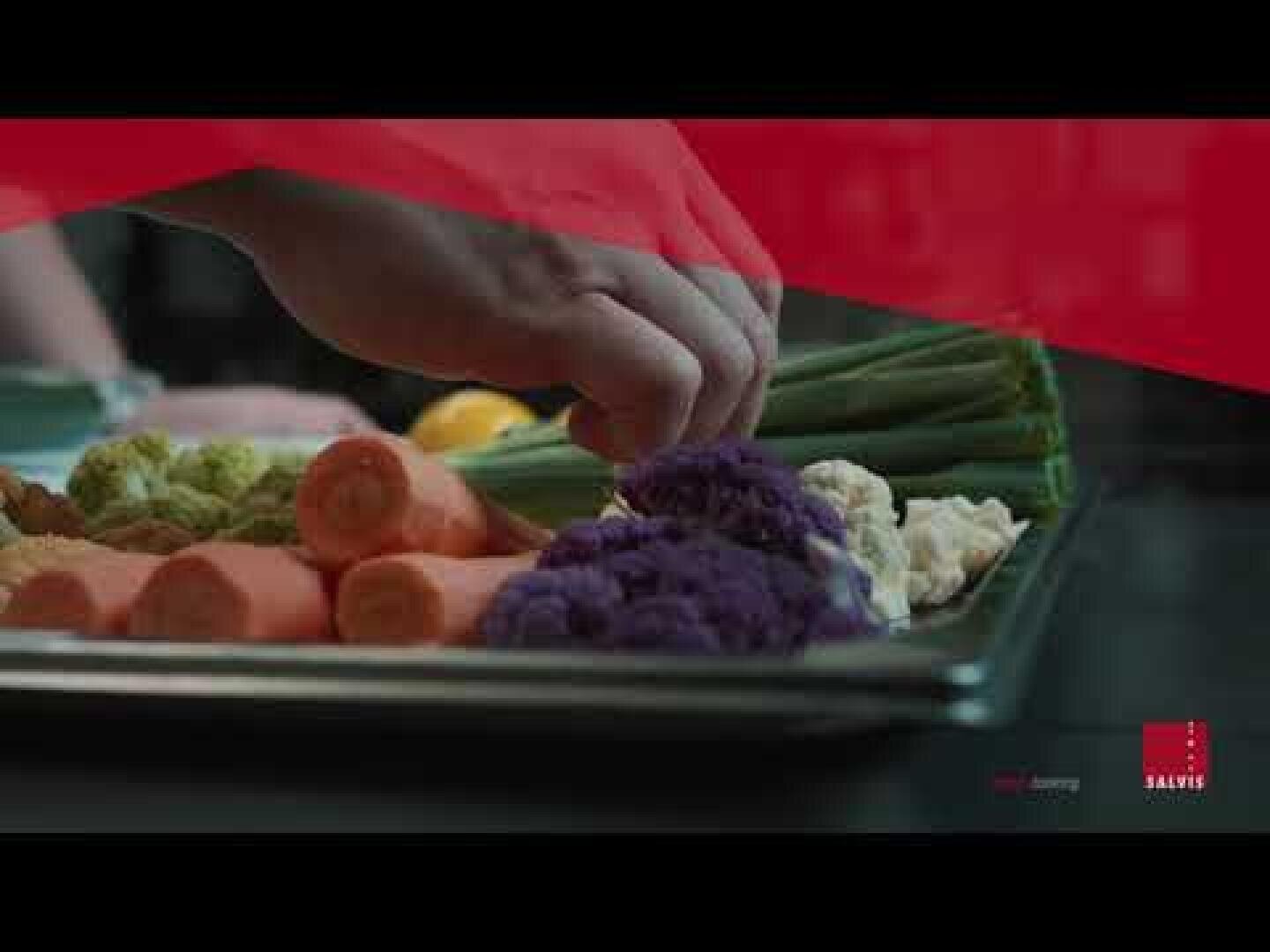Eine Hand greift nach frischem Gemüse, darunter Karotten, Blumenkohl und Frühlingszwiebeln, die auf einem Metalltablett angerichtet sind. Das Bild ist rot überlagert und zeigt unten rechts ein kleines Logo.