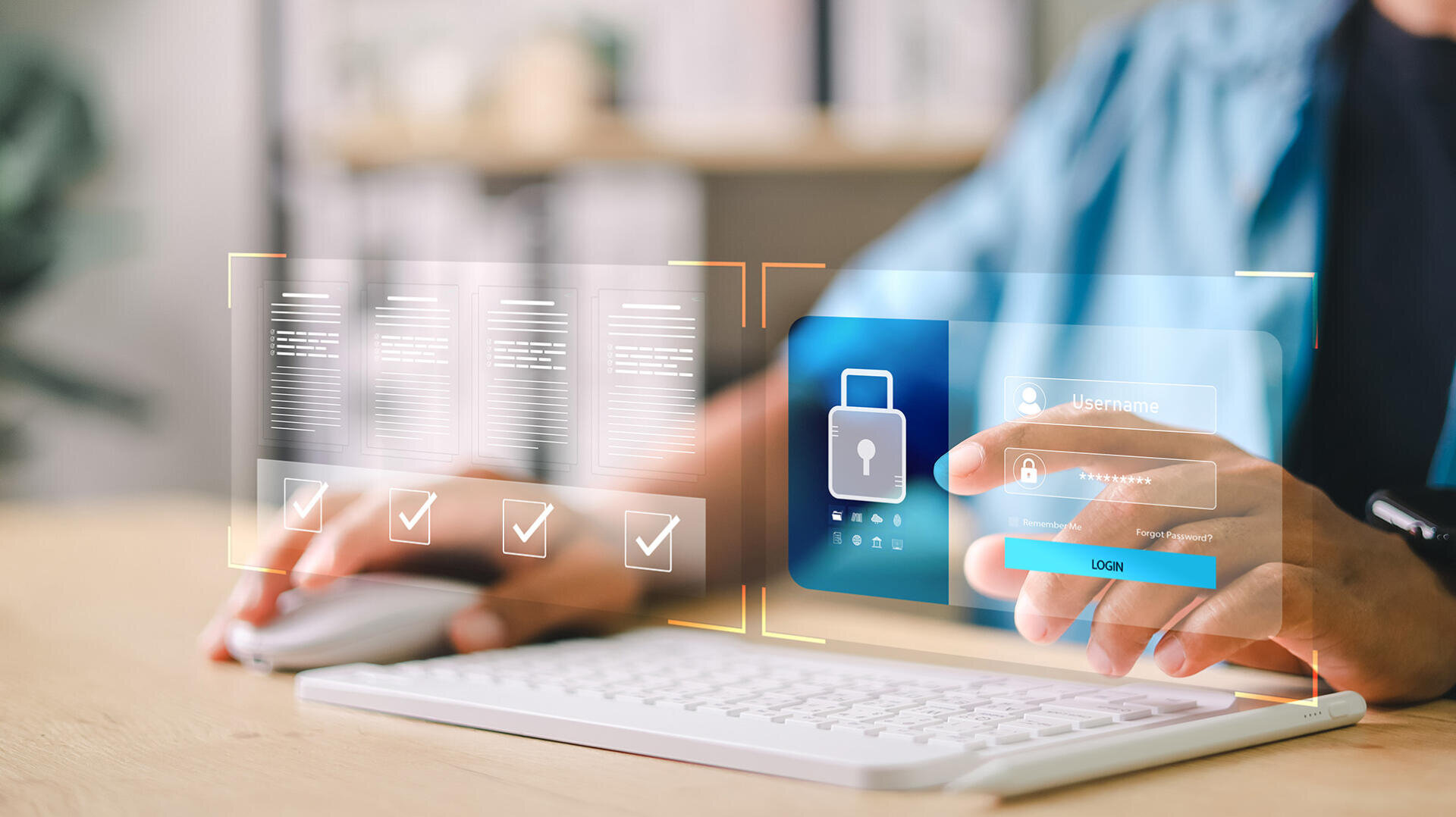 Eine Person, die eine Computermaus und -tastatur benutzt, vor der virtuelle Anmeldebildschirme und Sicherheitssymbole, wie ein Vorhängeschloss und Häkchen, eingeblendet sind, die für Cybersicherheit und Datenschutz stehen.