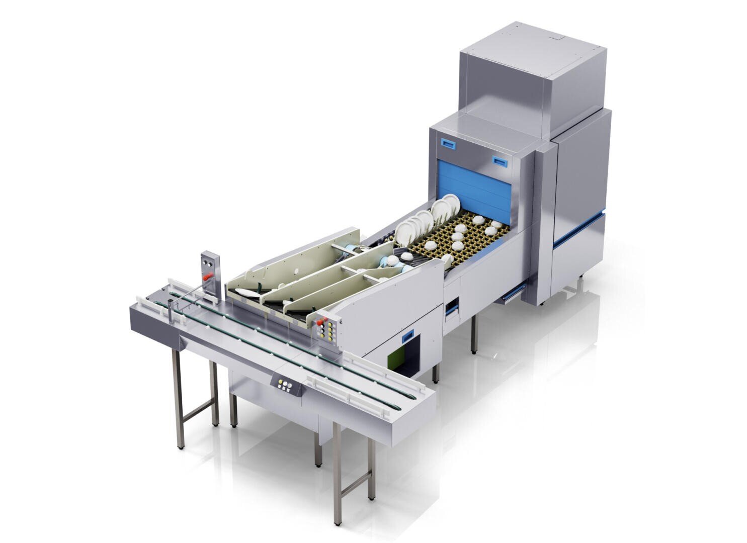 Lave-vaisselle à convoyeur M-iQ B avec nouveau module d'automatisation M-iFlow IPB pour des processus simplifiés et une réduction du personnel et des coûts d'exploitation.
