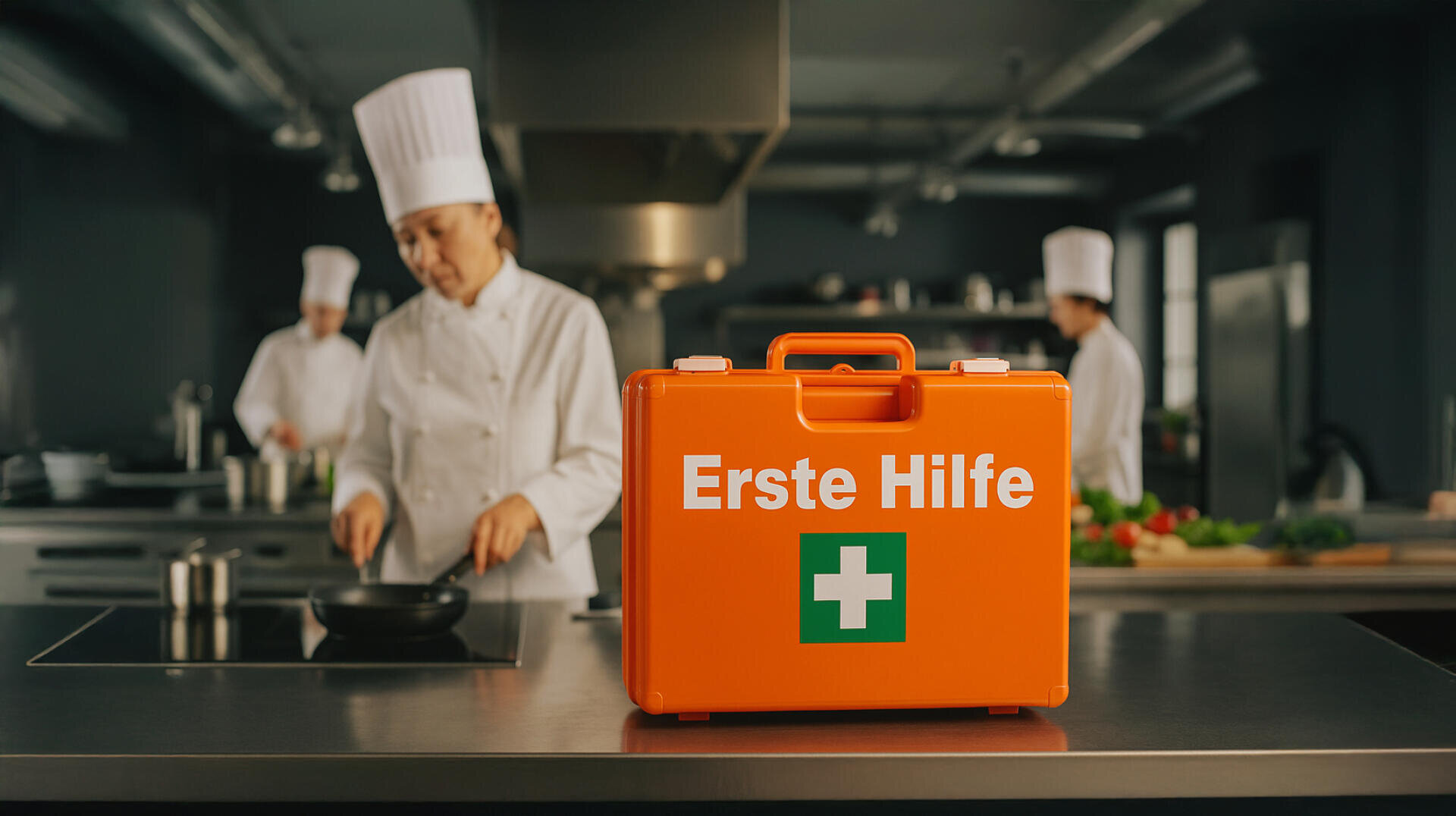 Auf einer Küchentheke steht ein orangefarbener Erste-Hilfe-Kasten mit der Aufschrift „Erste Hilfe“. Im Hintergrund arbeiten Köche in weißen Uniformen und Mützen.