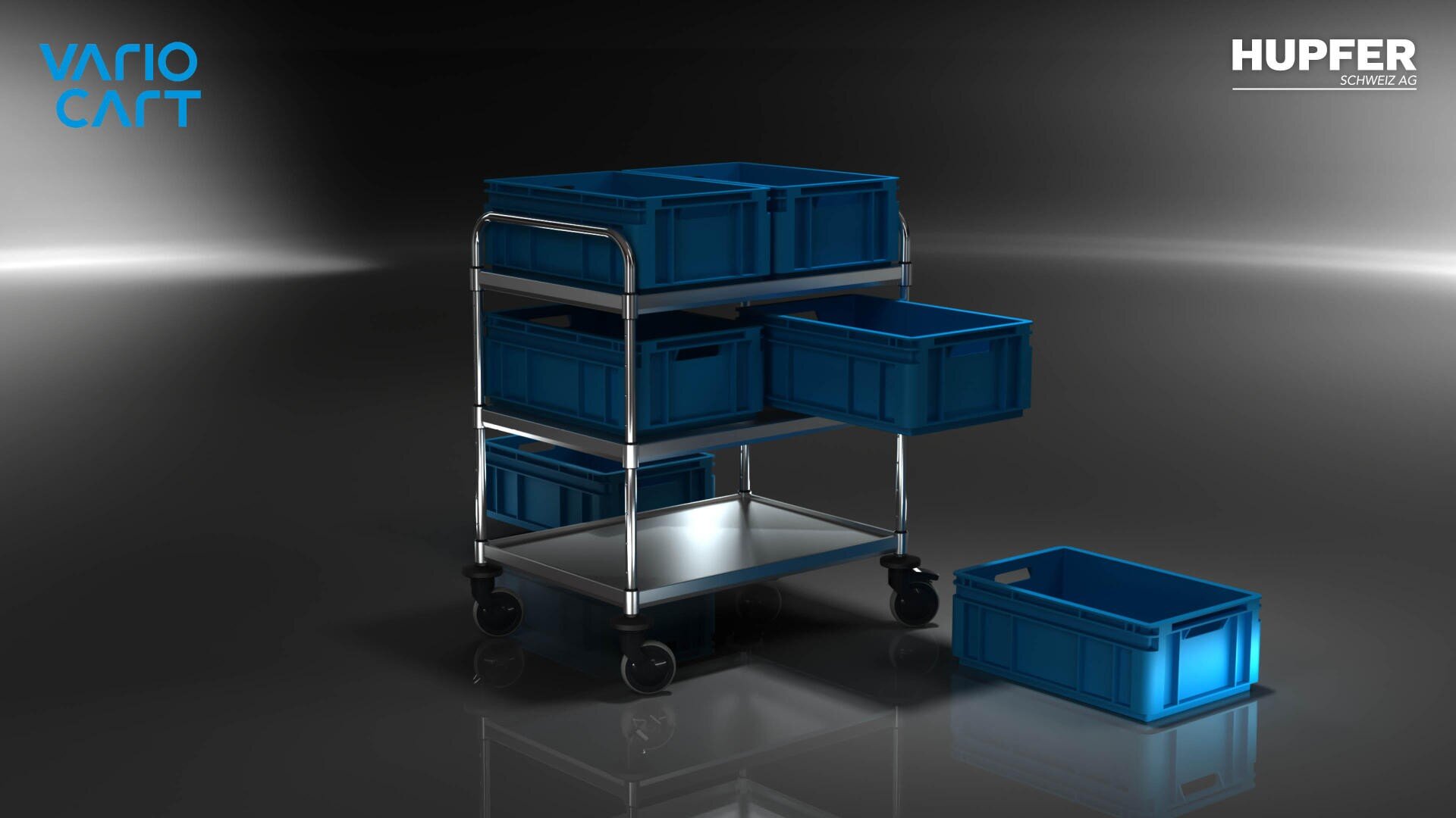 Ein Metallwagen mit vier Rädern hält mehrere blaue Lagerbehälter, von denen einige herausgezogen oder auf den Boden gestellt werden. Der Hintergrund ist dunkel, und in den Ecken erscheinen die Logos Vario Cart und Hupfer.