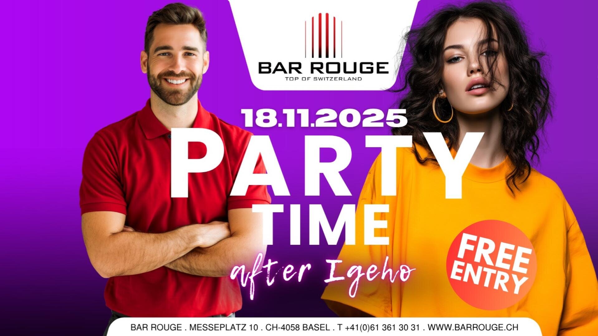 Ein lächelnder Mann in einem roten Hemd und eine Frau in einem orangefarbenen Hemd posieren vor einem lilafarbenen Hintergrund mit Text, der für eine Party Time-Veranstaltung in der Bar Rouge am 18.11.2025 wirbt, bei der der Eintritt frei ist.