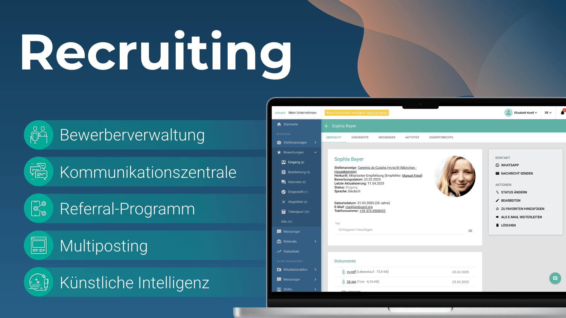 Die Grafik zeigt einen Laptop mit einem Dashboard für Rekrutierungssoftware. Auf der linken Seite listen Icons und deutsche Bezeichnungen die Funktionen auf: Bewerberverwaltung, Kommunikationszentrale, Referral-Programm, Multiposting, Künstliche Intelligenz.