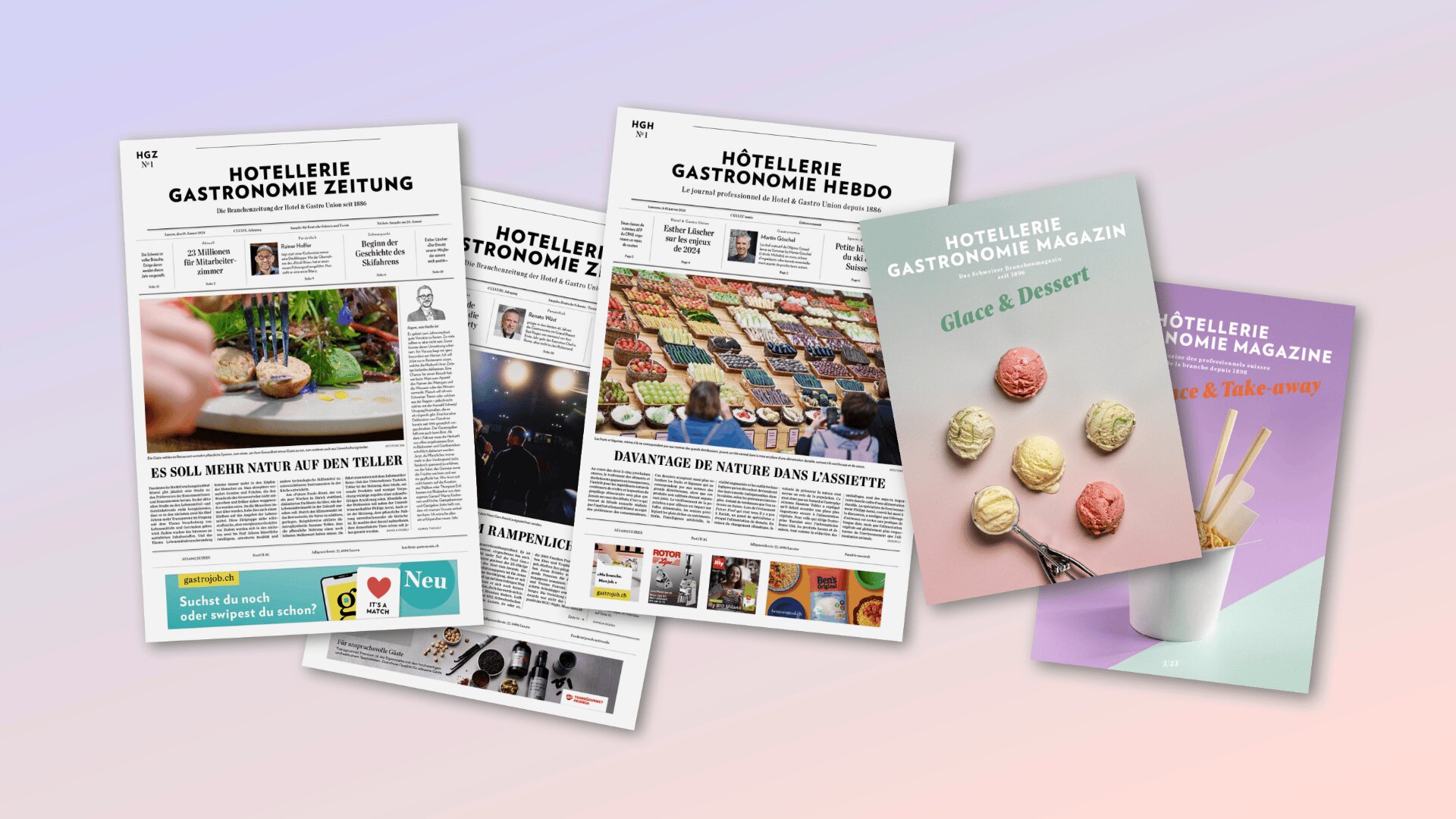 Fünf sich überschneidende Publikationen mit Lebensmittelthemen unter dem Titel "Hotellerie Gastronomie" auf einem pastellfarbenen Hintergrund. Die Titelseiten zeigen Gerichte, Lebensmittelmärkte, Eiskugeln und einen Becher zum Mitnehmen mit Utensilien.