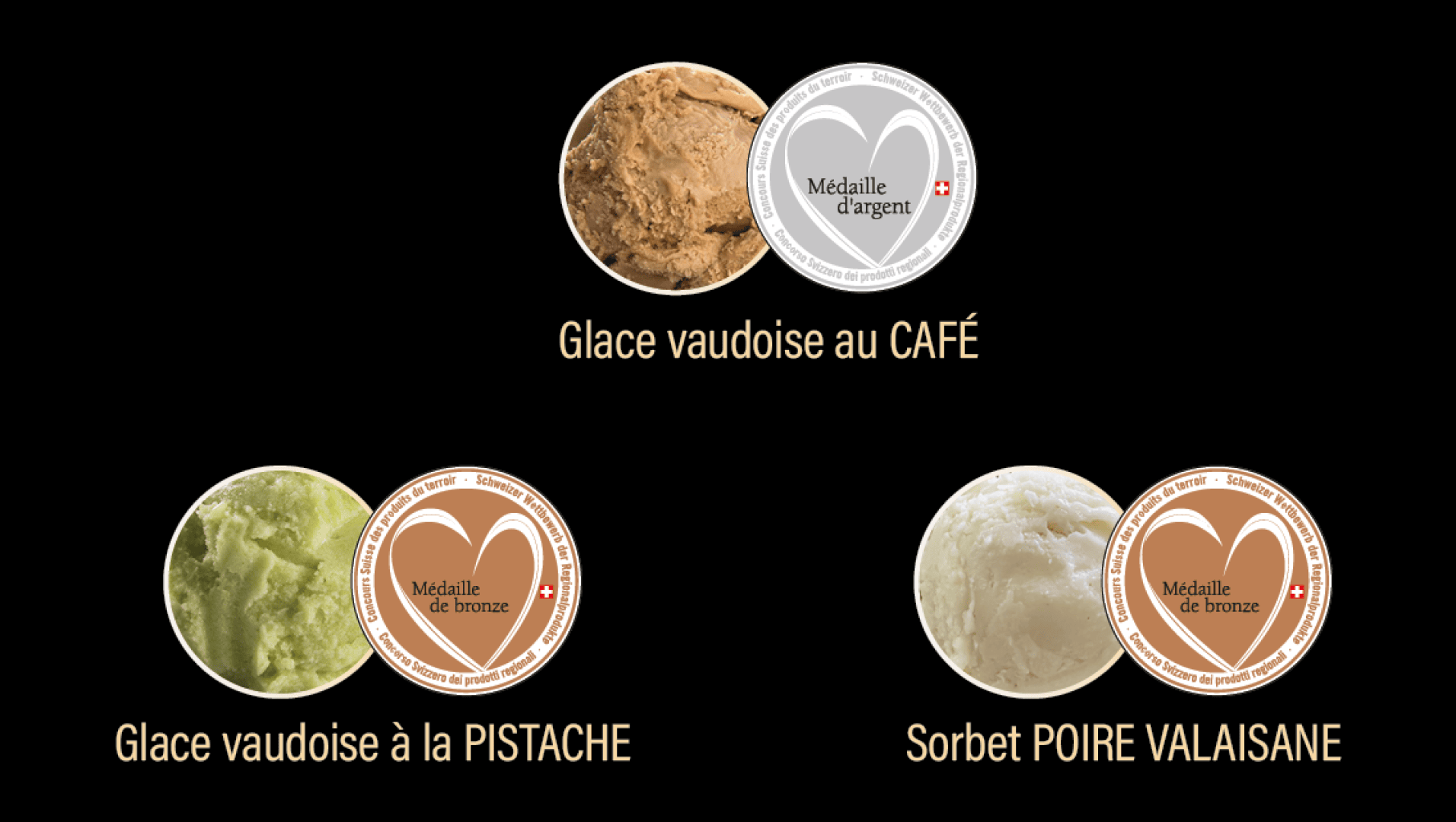 Trois glaces et sorbets médaillés : Glace vaudoise au café (médaille d'argent), Glace vaudoise à la pistache (médaille de bronze) et Sorbet poire valaisane (médaille de bronze) sur fond noir.