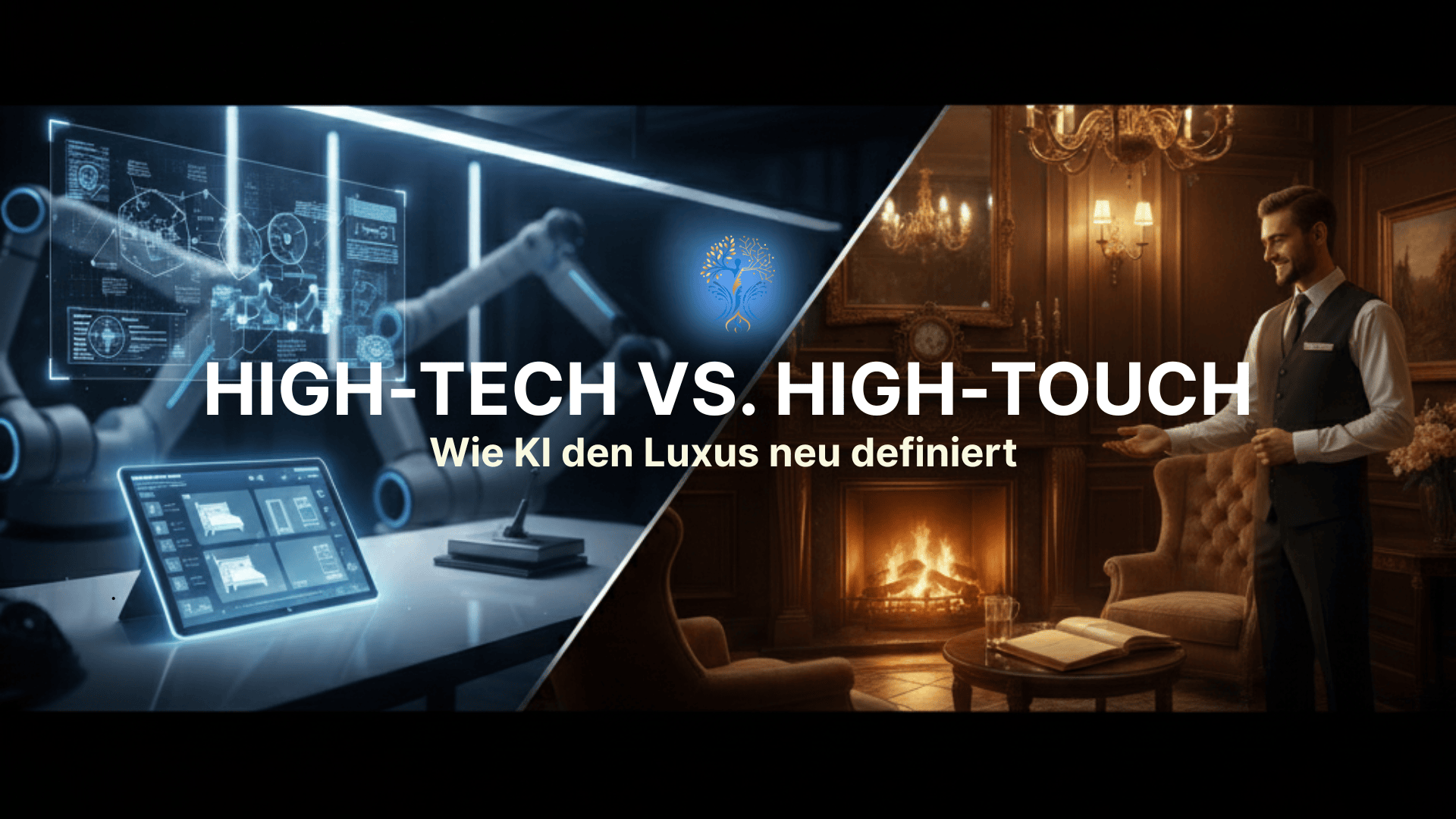 Une image divisée : à gauche, on voit des bras robotisés futuristes et des écrans numériques, à droite, un homme bien habillé dans une pièce luxueuse et classique. Le texte est le suivant : HIGH-TECH VS. HIGH-TOUCH - Comment l'IA redéfinit le luxe.