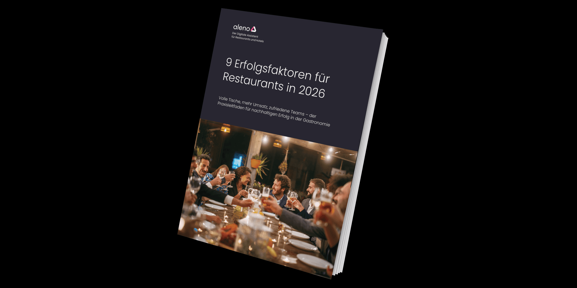 Un livre intitulé 9 facteurs de réussite pour les restaurants en 2026 montre un groupe de personnes qui dînent ensemble dans un restaurant et trinquent avec un verre.