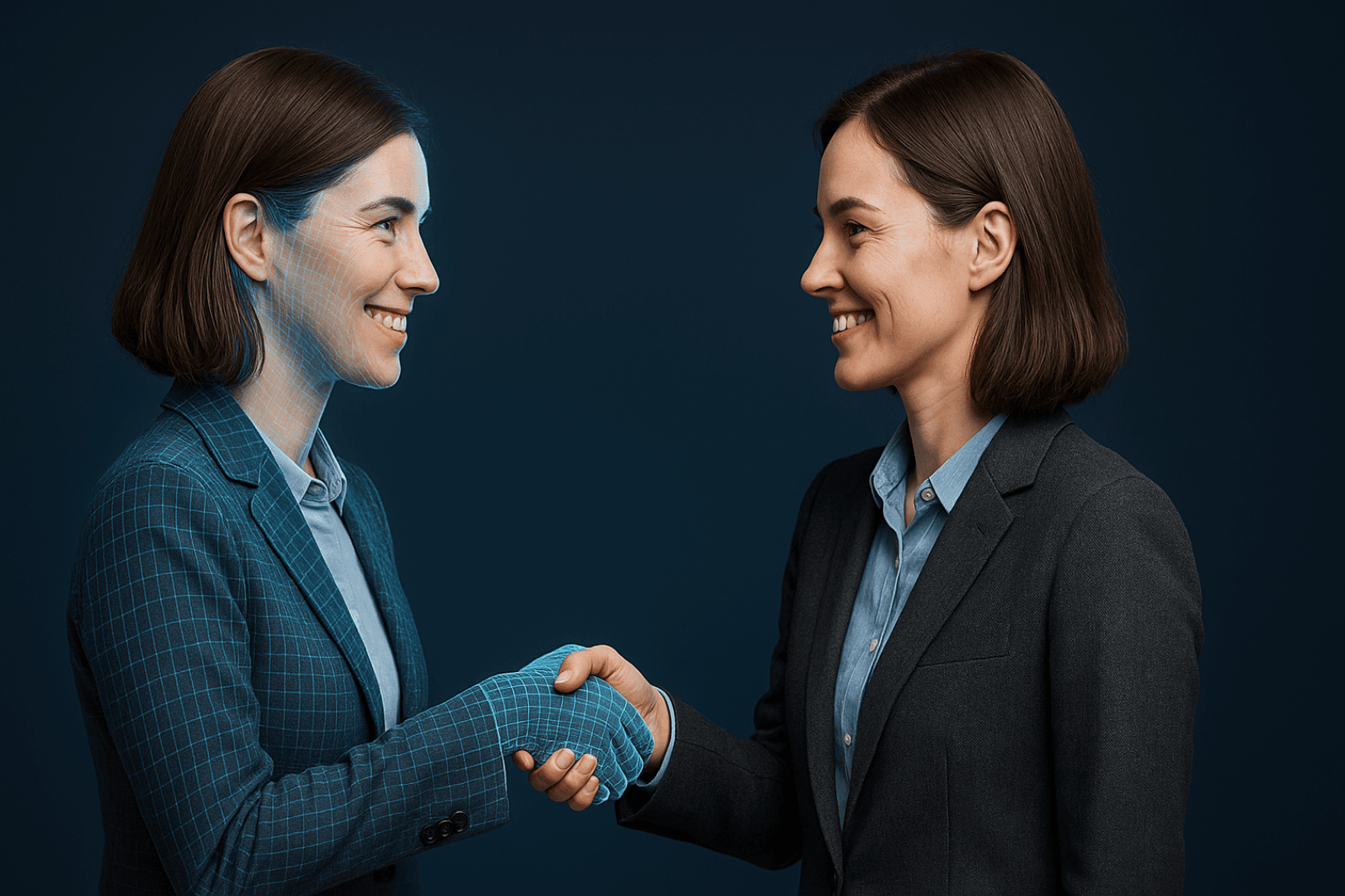 Une femme en tenue d'affaires serre la main et sourit à une version numérique d'elle-même, représentée par une grille bleue sur un fond sombre, symbolisant l'interaction entre l'homme et la technologie.