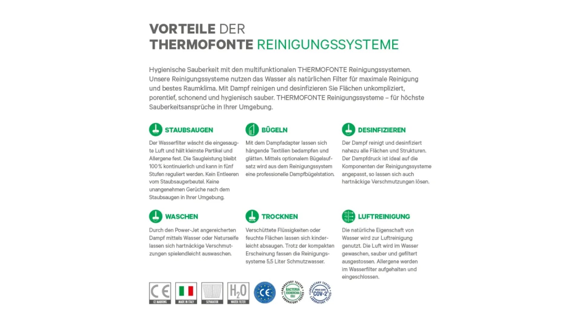 Informationsblatt in deutscher Sprache mit dem Titel Vorteile der Thermofonte Reinigungssysteme, in dem sechs Vorteile aufgeführt sind - Staubsaugen, Bügeln, Desinfizieren, Waschen, Trocknen und Luftreinigung - jeweils mit einem Symbol und einer Beschreibung. Die Logos erscheinen am unteren Rand.