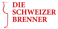 Logo mit rotem Text Die Schweizer Brenner neben einem minimalistischen Umriss eines Glases, ebenfalls in Rot, auf weißem Hintergrund.