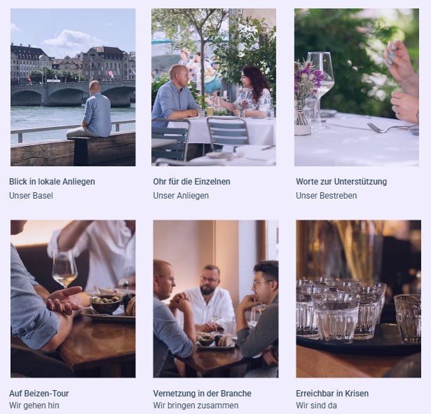 Sechs Fotos zeigen Menschen beim Essen, bei Gesprächen und Begegnungen in verschiedenen Umgebungen, mit Blick auf Basel, Gläsern mit Wasser und Menschen, die sich unterhalten, als Zeichen der Verbindung, der Unterstützung und des lokalen Engagements.
