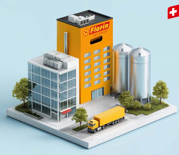 Ein 3D-gerendertes Bild eines modernen Industriegebäudes mit der Aufschrift Florin Switzerland, mit zwei großen Silos, einem gelben Lastwagen, Bäumen und einer Schweizer Flagge in der oberen rechten Ecke.