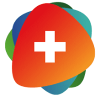 Ein weißes medizinisches Kreuz, das auf einer mehrfarbigen abstrakten Form mit überlappenden roten, orangefarbenen, grünen und blauen Abschnitten zentriert ist.