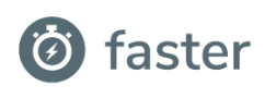 Ein graues Stoppuhr-Symbol mit einem Blitz im Inneren, neben dem Wort "faster" in grauen Kleinbuchstaben auf einem hellen Hintergrund.