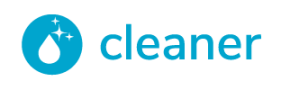 Ein blaues Symbol eines Wassertropfens mit Glitzern neben dem Wort Cleaner in blauen Kleinbuchstaben auf einem hellgrauen Hintergrund.