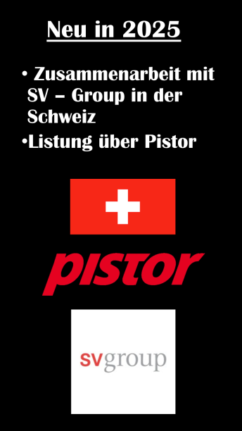 Weißer Text auf schwarzem Hintergrund: Neu in 2025: Zusammenarbeit mit SV - Group in der Schweiz, Listung über Pistor. Darunter befinden sich Logos für die Schweiz, Pistor und SV Group.