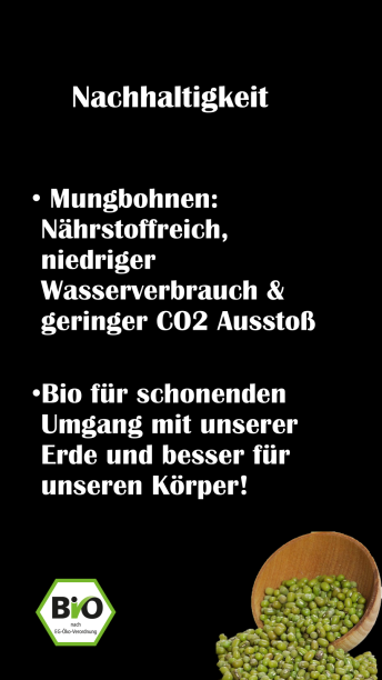 Infografik zur Nachhaltigkeit, in der Mungobohnen wegen ihres hohen Nährstoffgehalts, ihres geringen Wasserverbrauchs und ihrer niedrigen CO2-Emissionen hervorgehoben werden. Erwähnt, dass Bio-Entscheidungen der Erde und der Gesundheit zugute kommen. Enthält ein BIO-Etikett und eine Schale mit Mungobohnen.