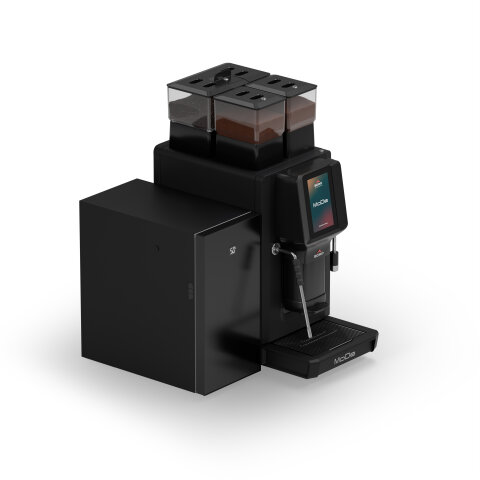 Une machine à café noire moderne avec trois trémies à grains transparentes sur le dessus, un écran tactile numérique et un compartiment latéral, conçue pour une utilisation commerciale ou de bureau.