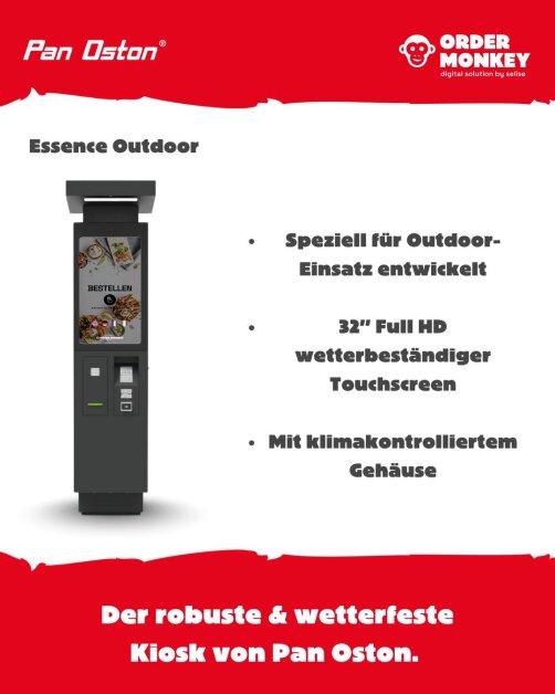 Ein digitaler Kiosk für den Außenbereich mit einem großen Touchscreen und einem Zahlungsterminal ist auf einem roten Hintergrund abgebildet. Der Text hebt die Witterungsbeständigkeit, die Klimakontrolle und die Eignung für den Außeneinsatz hervor. Die Logos von Pan Oston und Order Monkey sind vorhanden.