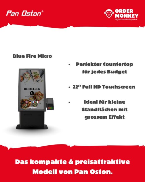 Ein digitaler Kiosk mit der Bezeichnung Blue Fire Micro wird mit Text angezeigt, der die Funktionen hervorhebt: Perfekter Countertop für jedes Budget, 22 Full HD Touchscreen, und Ideal für kleine Standflächen mit großem Effekt.