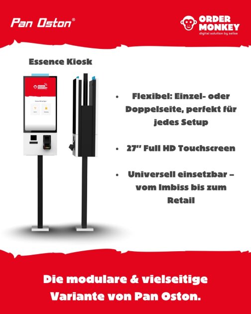 Ein digitaler Kiosk mit Touchscreen und Kartenleser wird von vorne und von der Seite gezeigt. Der Text hebt die flexible Aufstellung, den 27 Full-HD-Touchscreen und den universellen Einsatz hervor. Oben und unten erscheinen die Logos von Pan Oston und Order Monkey.