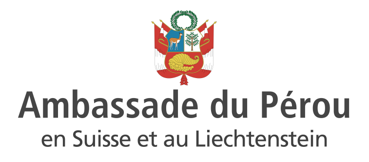 L'image montre les armoiries du Pérou au-dessus du texte Ambassade du Pérou en Suisse et au Liechtenstein, indiquant l'ambassade du Pérou en Suisse et au Liechtenstein.